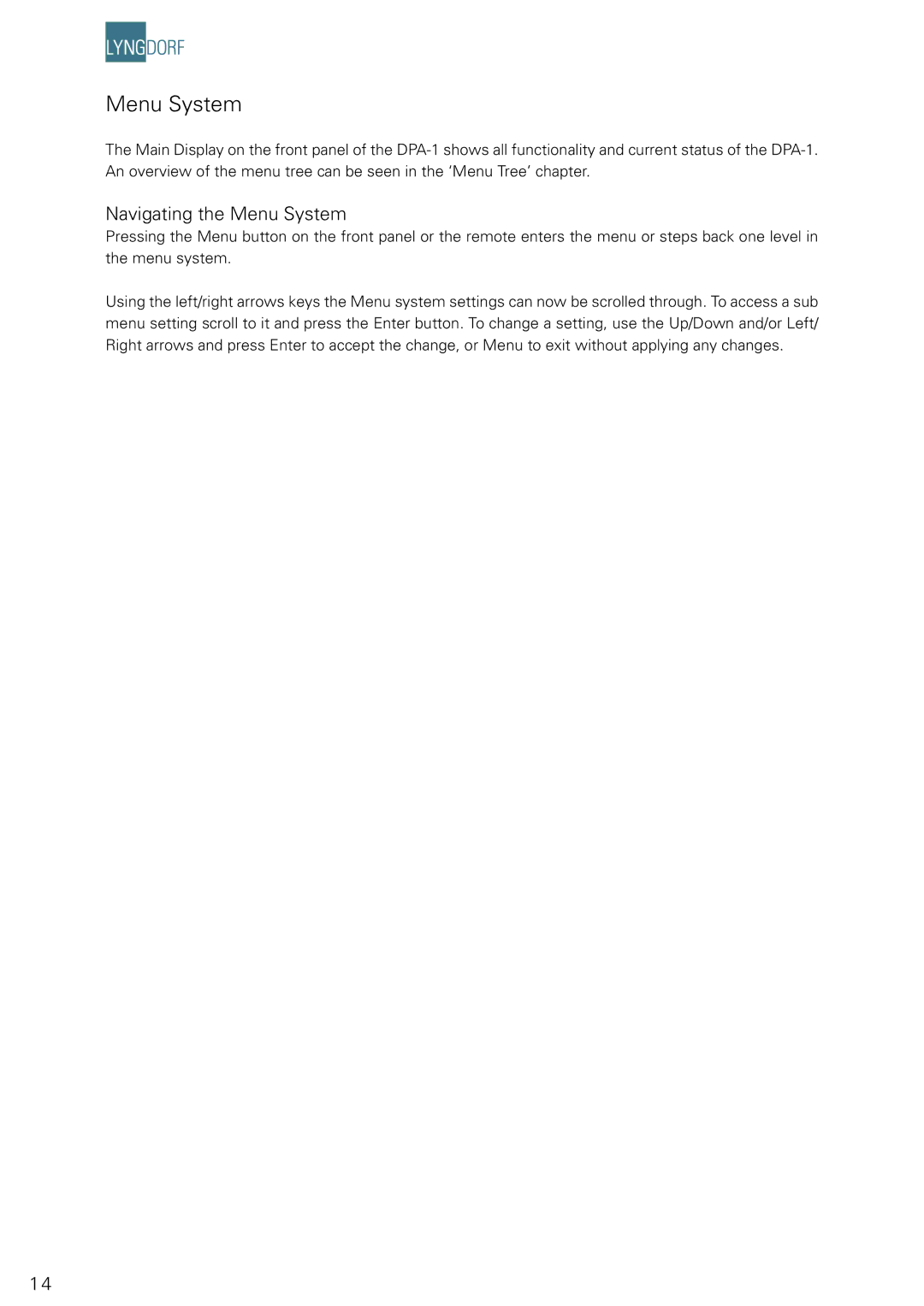 Lyngdorf Audio DPA-1 owner manual Navigating the Menu System 