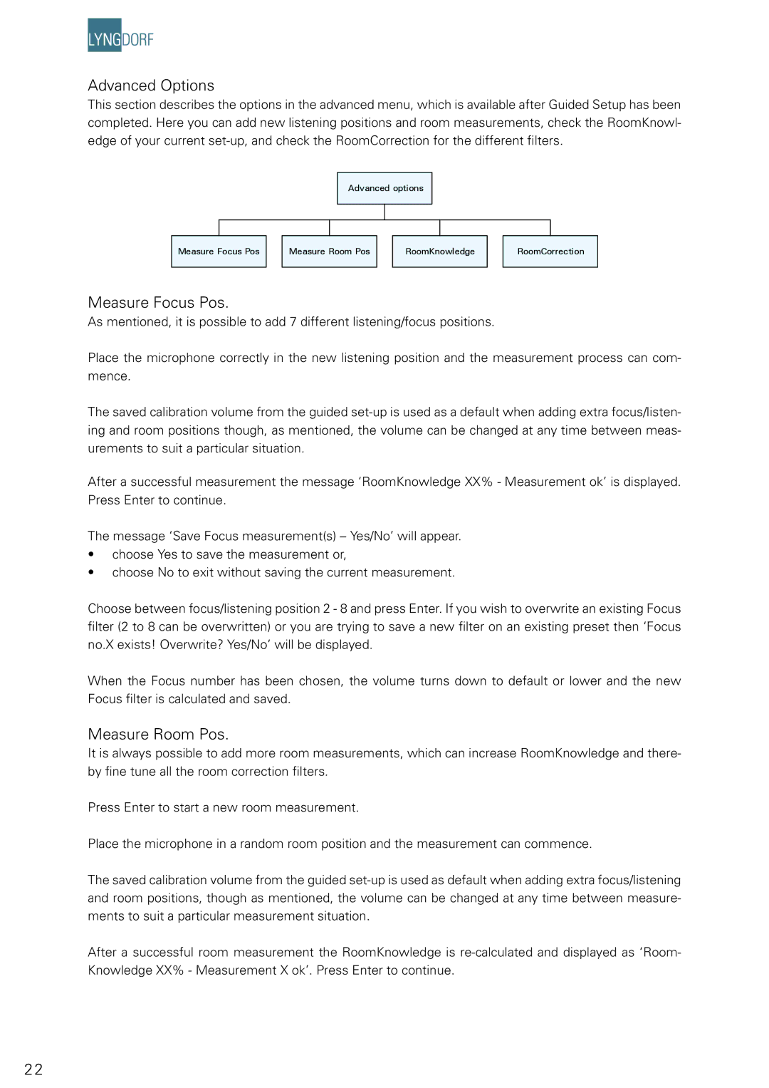 Lyngdorf Audio DPA-1 owner manual Advanced Options, Measure Focus Pos, Measure Room Pos 