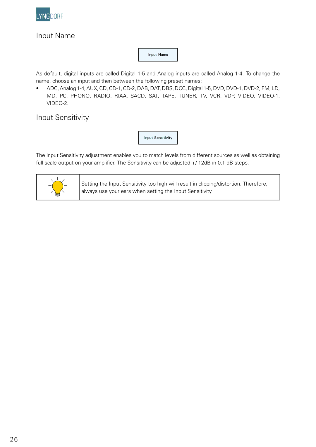 Lyngdorf Audio DPA-1 owner manual Input Name, Input Sensitivity 