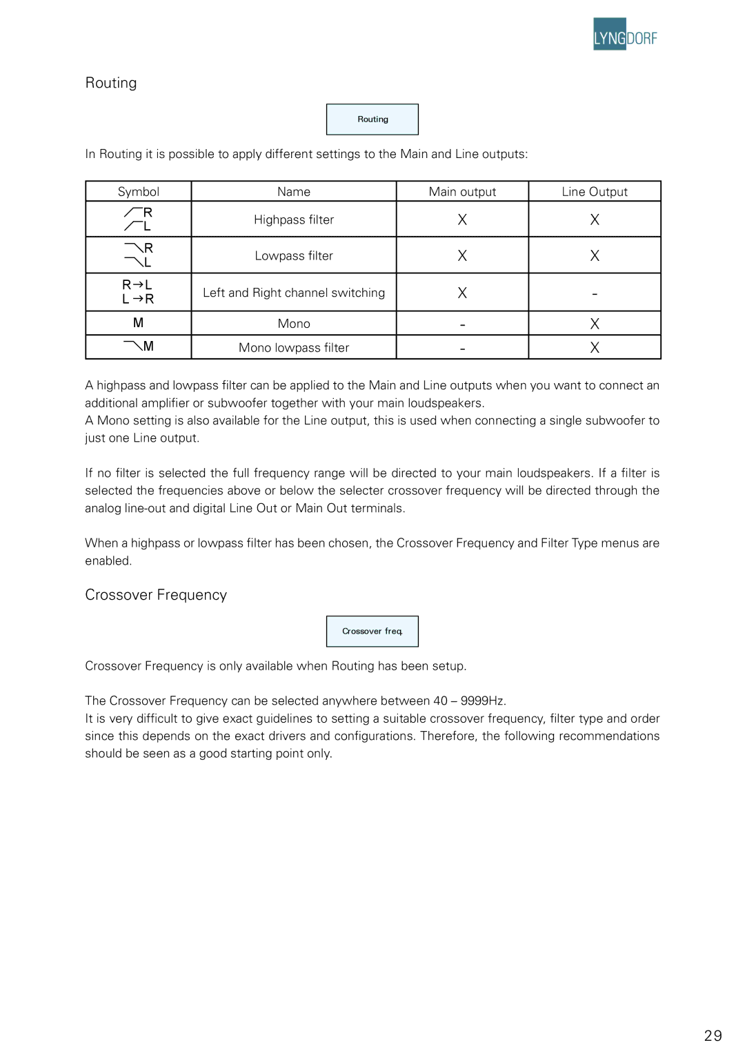 Lyngdorf Audio DPA-1 owner manual Routing, Crossover Frequency 