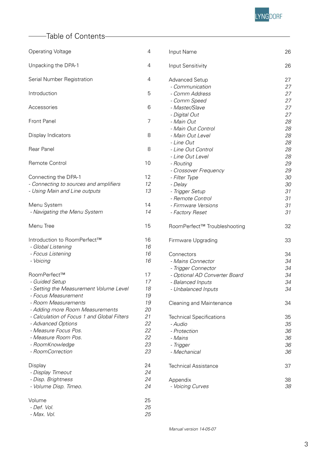 Lyngdorf Audio DPA-1 owner manual Table of Contents 