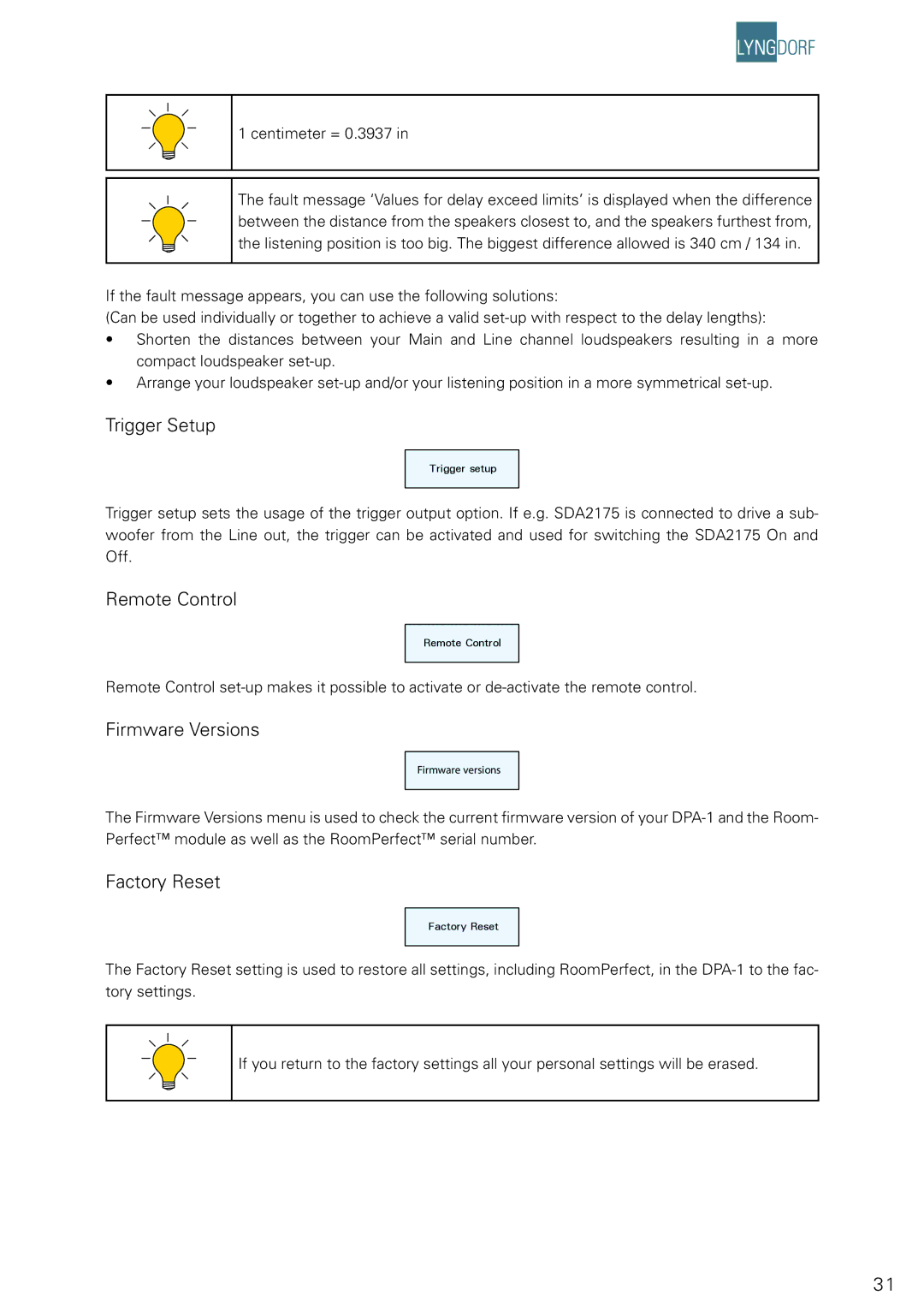 Lyngdorf Audio DPA-1 owner manual Trigger Setup, Remote Control, Firmware Versions, Factory Reset 