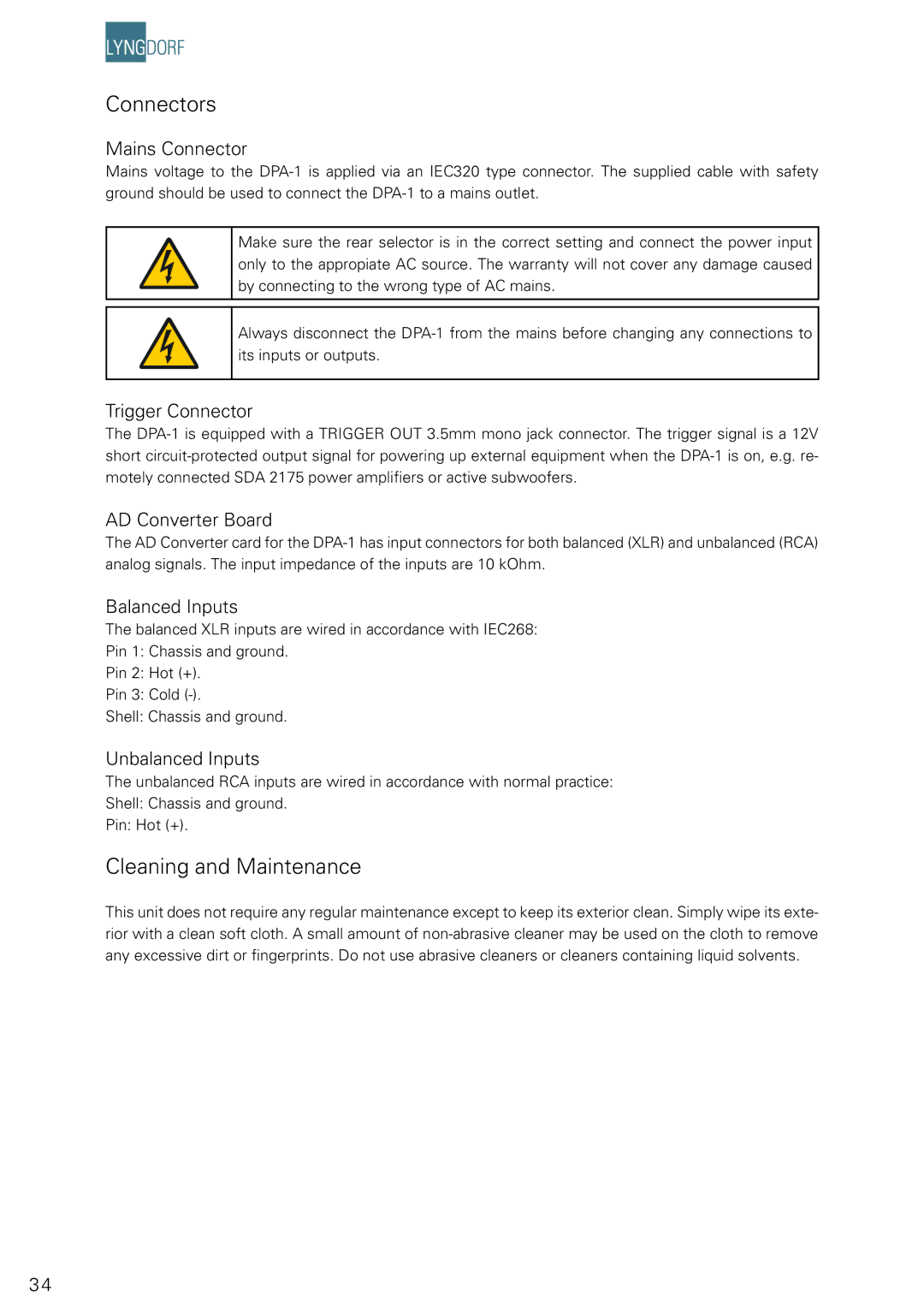 Lyngdorf Audio DPA-1 owner manual Connectors, Cleaning and Maintenance 