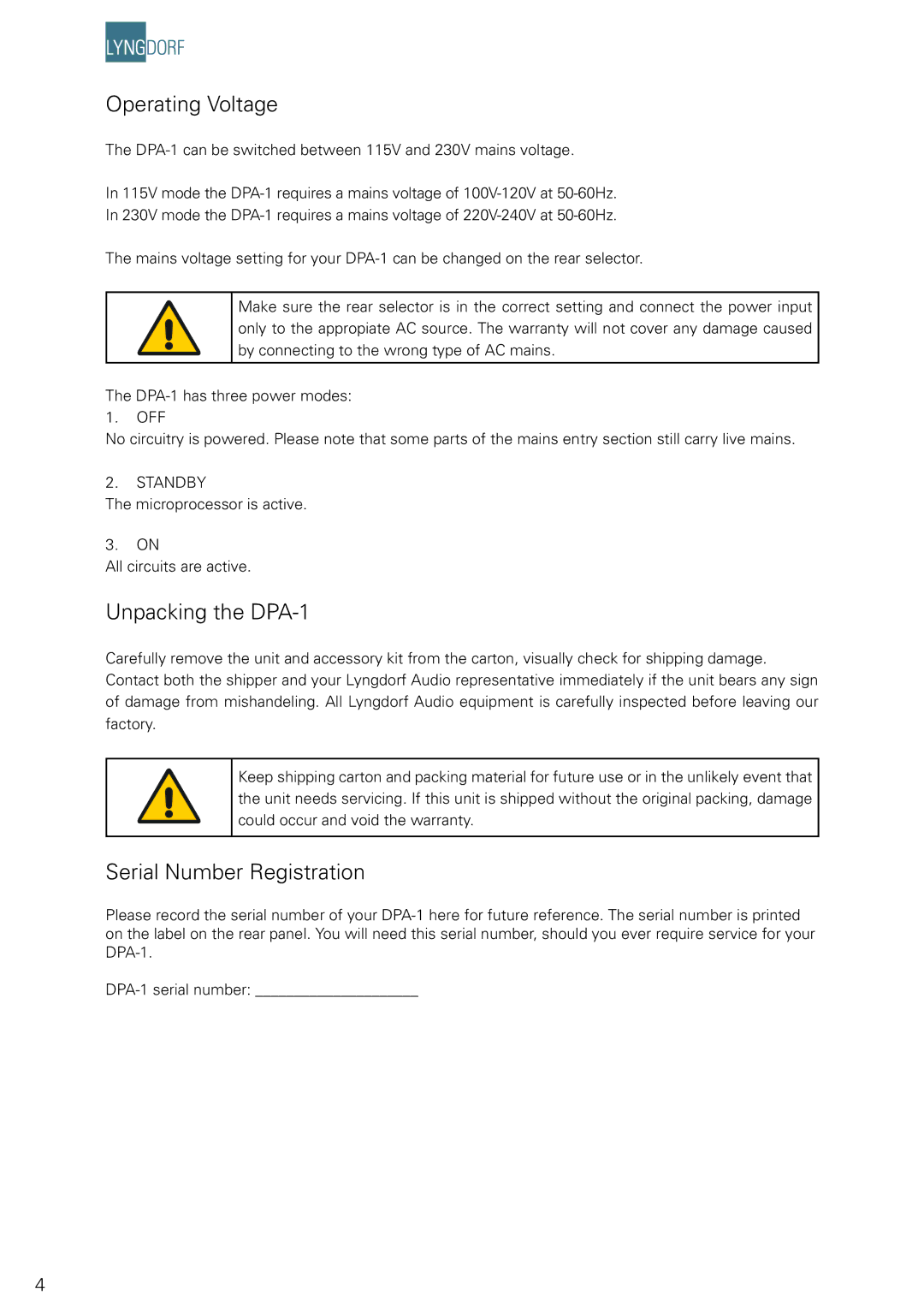 Lyngdorf Audio owner manual Operating Voltage, Unpacking the DPA-1, Serial Number Registration 