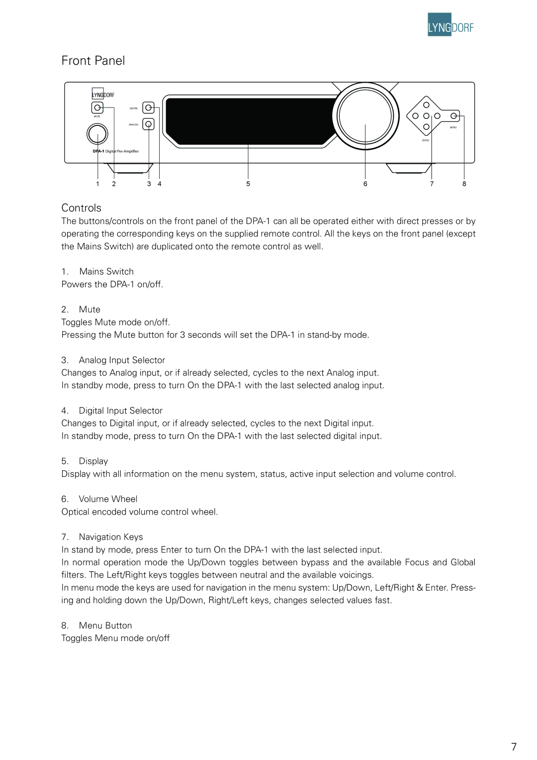 Lyngdorf Audio DPA-1 owner manual Front Panel, Controls 