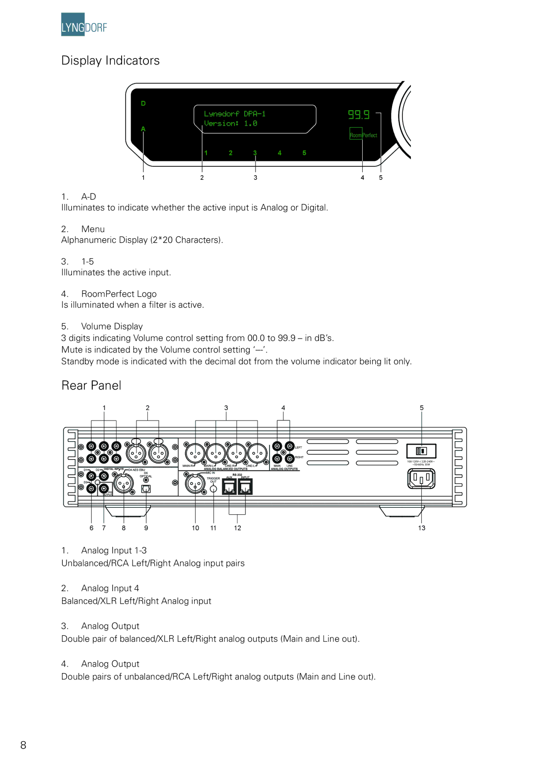 Lyngdorf Audio DPA-1 owner manual Display Indicators, Rear Panel 