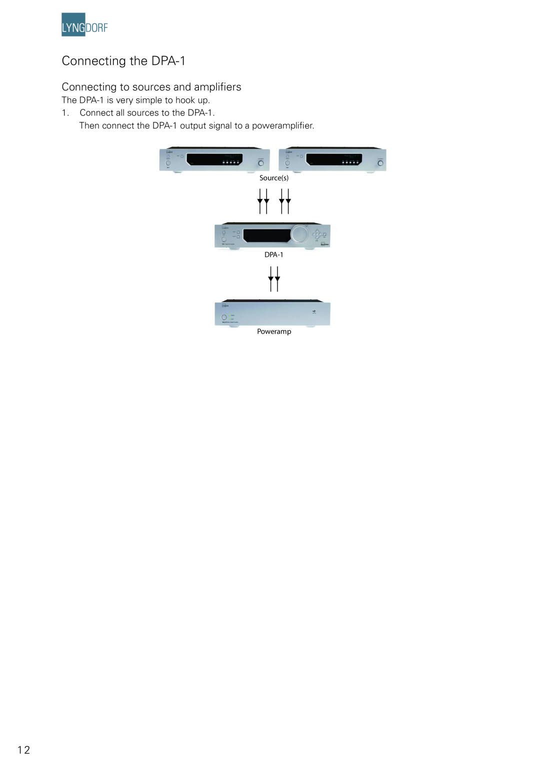 Lyngdorf Audio owner manual Connecting the DPA-1, Connecting to sources and ampliﬁers, Sources, DPA-1 Poweramp 