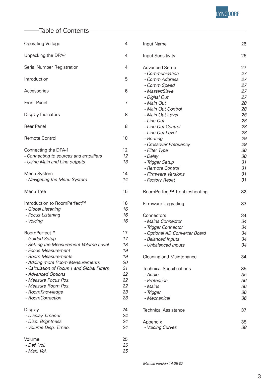 Lyngdorf Audio DPA-1 owner manual Table of Contents 
