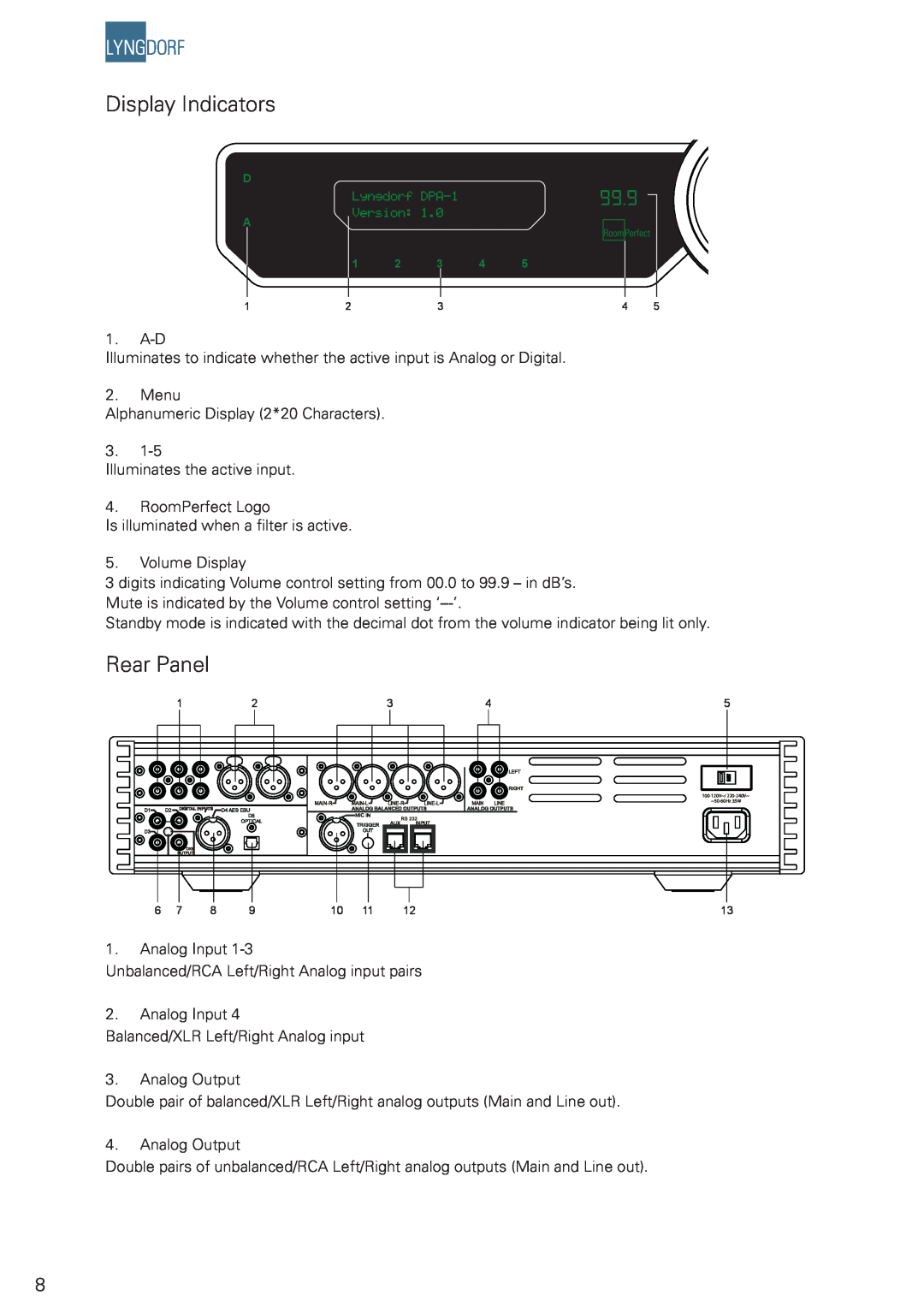 Lyngdorf Audio DPA-1 owner manual Display Indicators, Rear Panel 