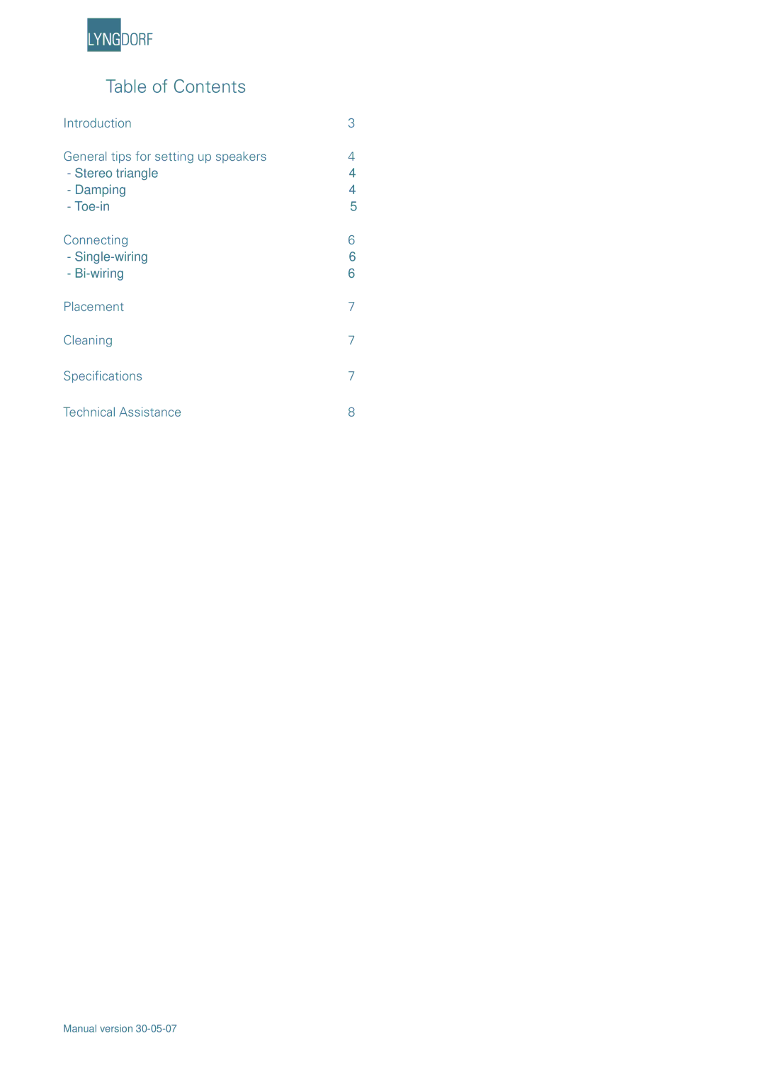 Lyngdorf Audio Mk II, MH-1 owner manual Table of Contents 