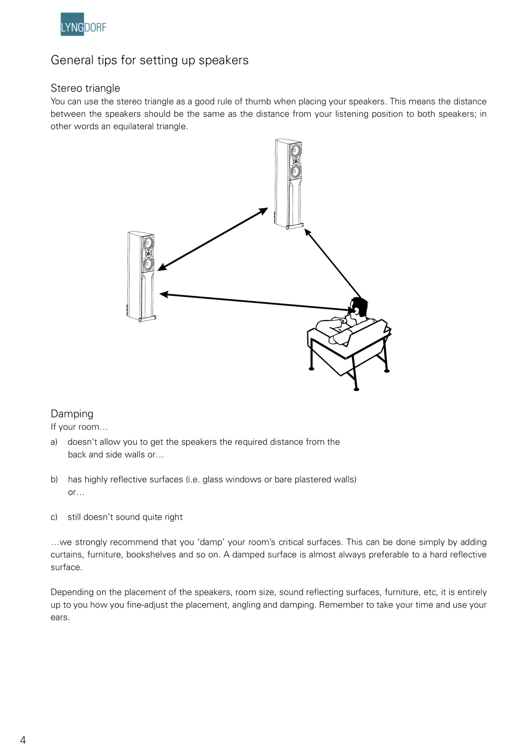 Lyngdorf Audio Mk II, MH-1 owner manual General tips for setting up speakers, Stereo triangle, Damping 