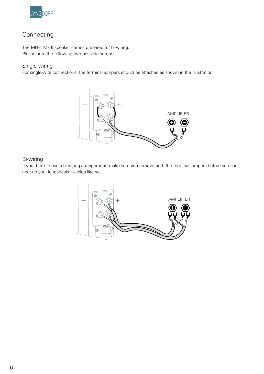 Lyngdorf Audio Mk II, MH-1 owner manual Connecting, Single-wiring, Bi-wiring 