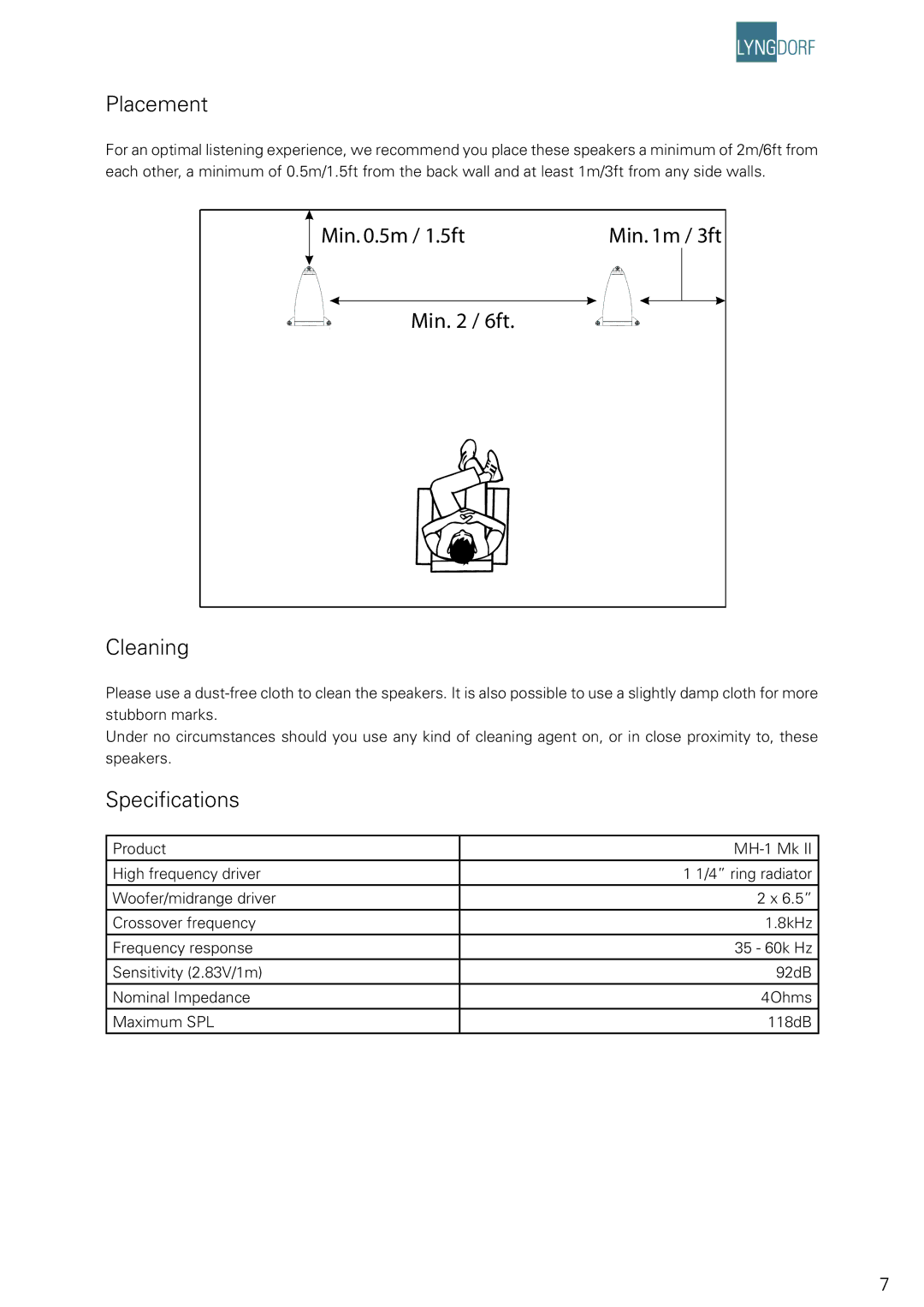 Lyngdorf Audio MH-1, Mk II owner manual Placement, Cleaning, Speciﬁcations 