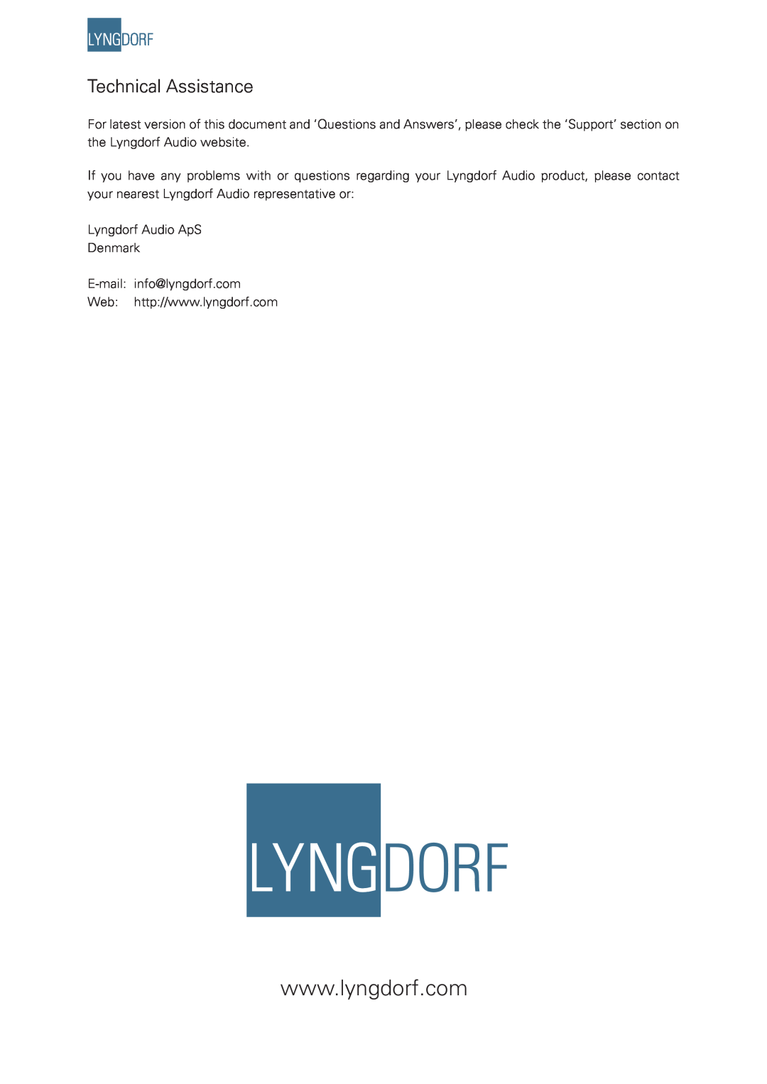 Lyngdorf Audio Mk II, MH-1 owner manual Technical Assistance 