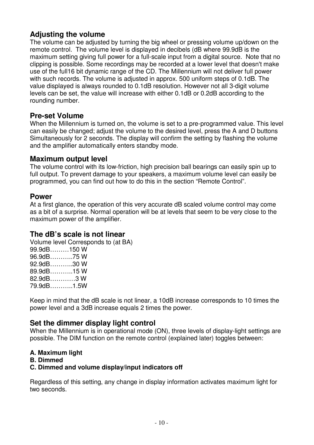 Lyngdorf Audio MkIV Adjusting the volume, Pre-set Volume, Maximum output level, Power, DB’s scale is not linear 