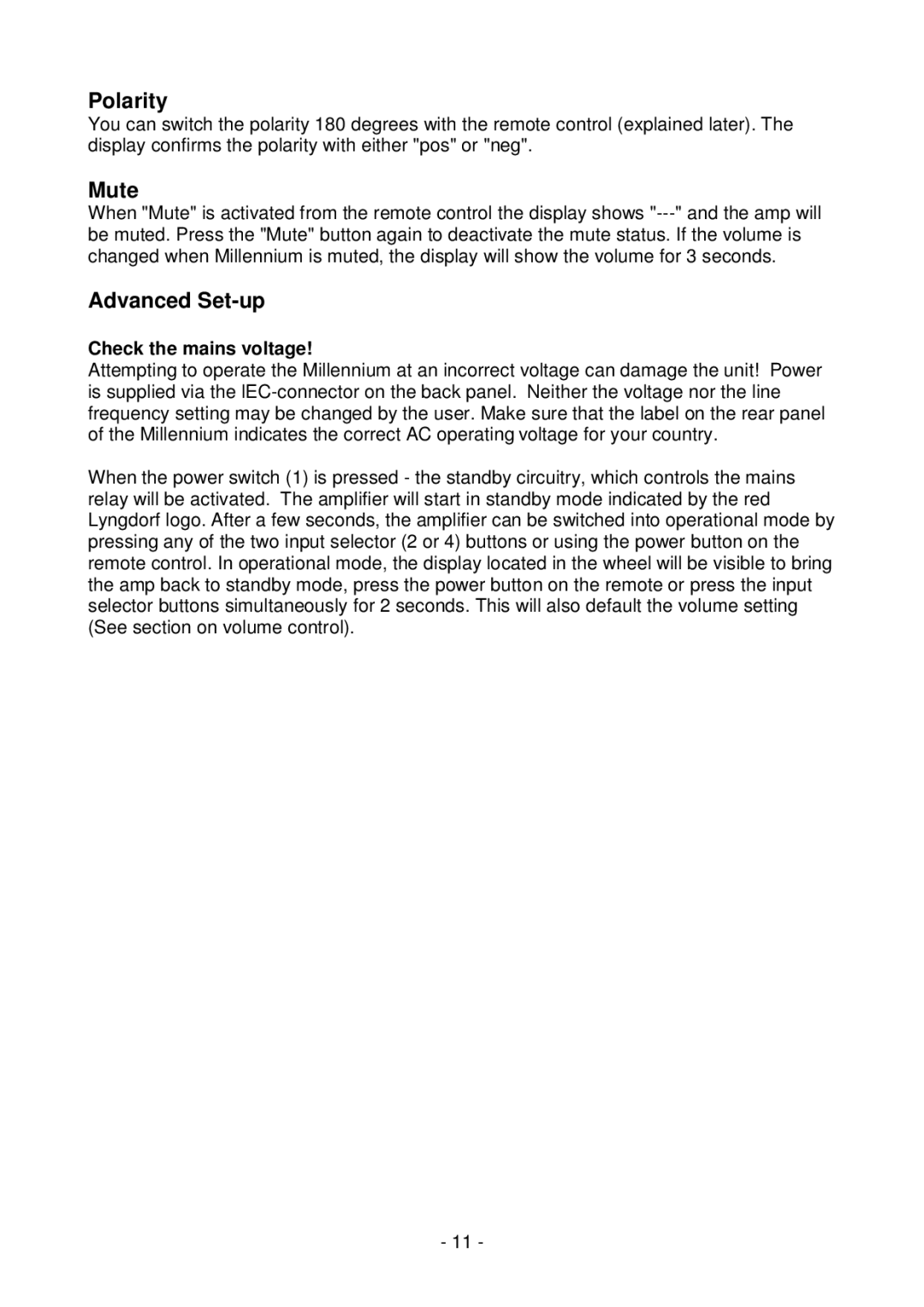 Lyngdorf Audio MkIV owner manual Polarity, Mute, Advanced Set-up, Check the mains voltage 