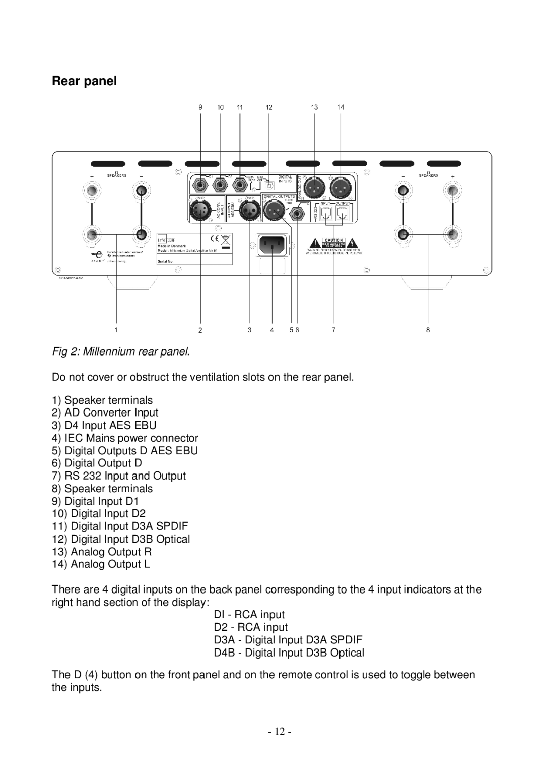 Lyngdorf Audio MkIV owner manual Rear panel, Millennium rear panel 