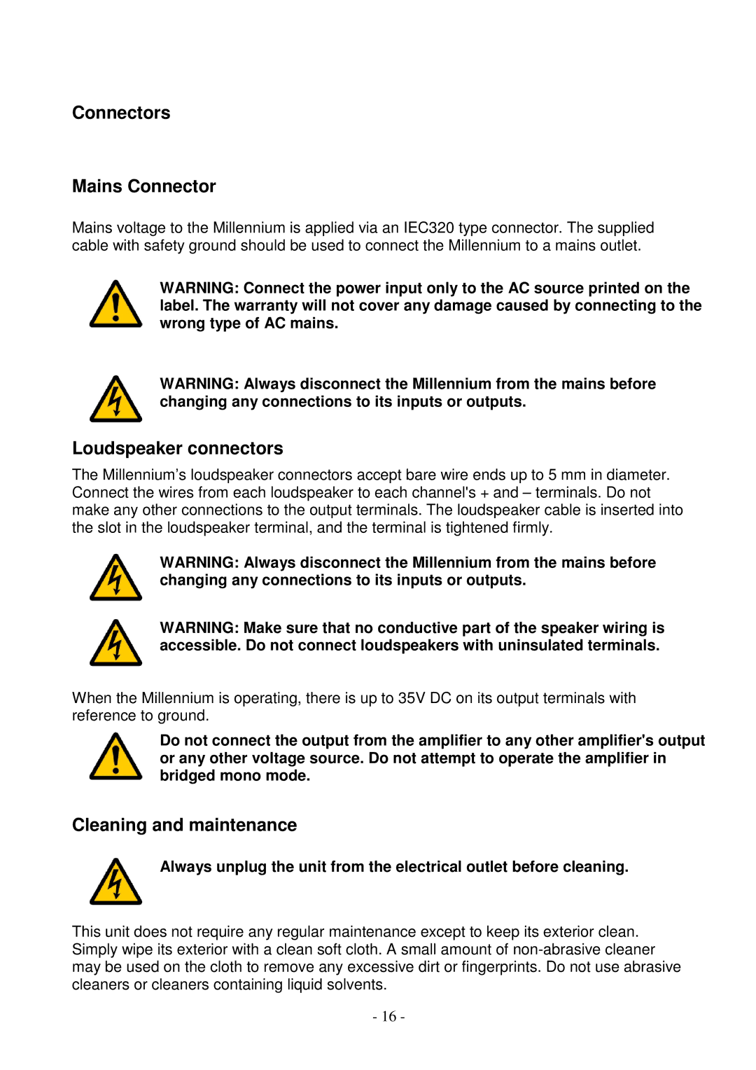 Lyngdorf Audio MkIV owner manual Connectors Mains Connector, Loudspeaker connectors, Cleaning and maintenance 