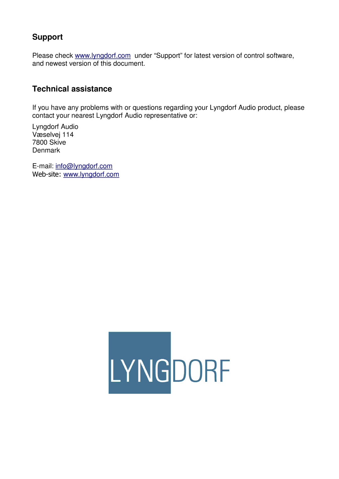 Lyngdorf Audio MkIV owner manual Support Technical assistance 