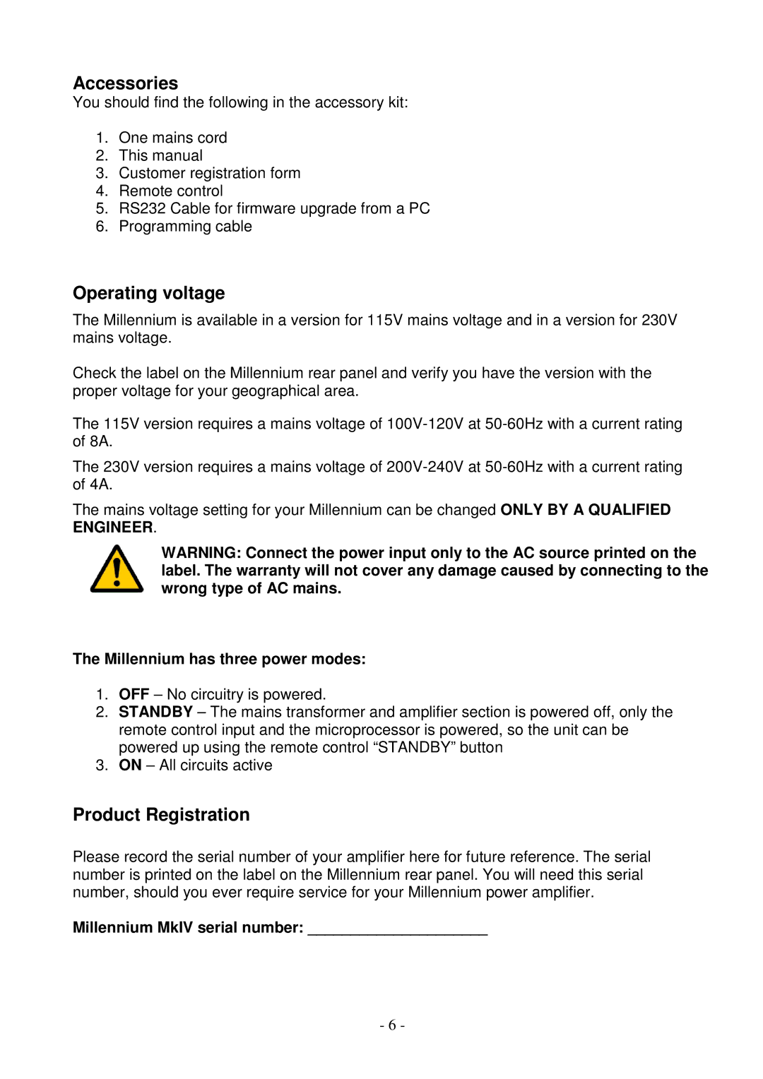 Lyngdorf Audio MkIV owner manual Accessories, Operating voltage, Product Registration, Millennium has three power modes 