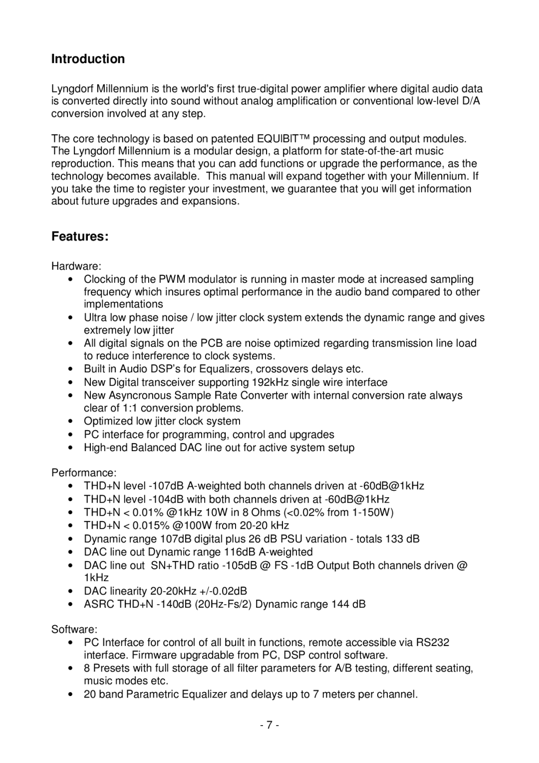 Lyngdorf Audio MkIV owner manual Introduction, Features 