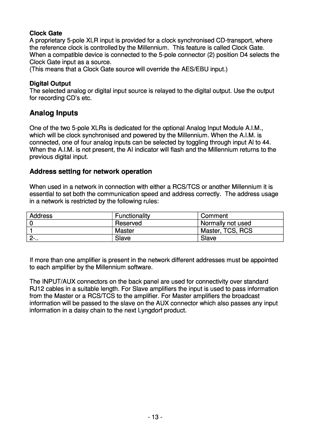 Lyngdorf Audio MkIV owner manual Analog Inputs, Address setting for network operation 
