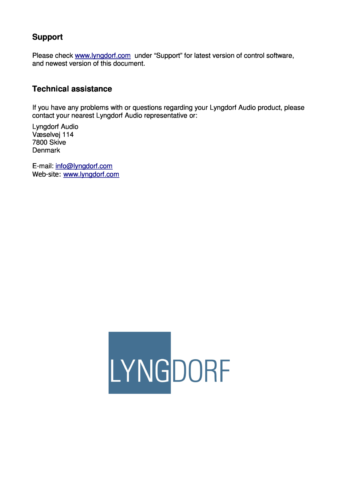 Lyngdorf Audio MkIV owner manual Support, Technical assistance 