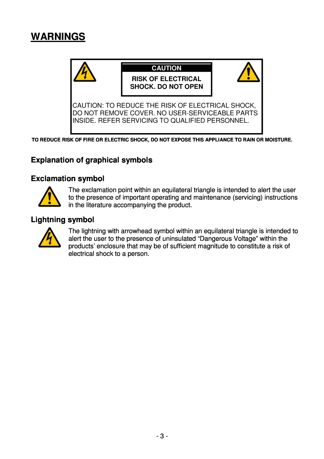 Lyngdorf Audio MkIV owner manual Explanation of graphical symbols, Exclamation symbol, Lightning symbol, Warnings 