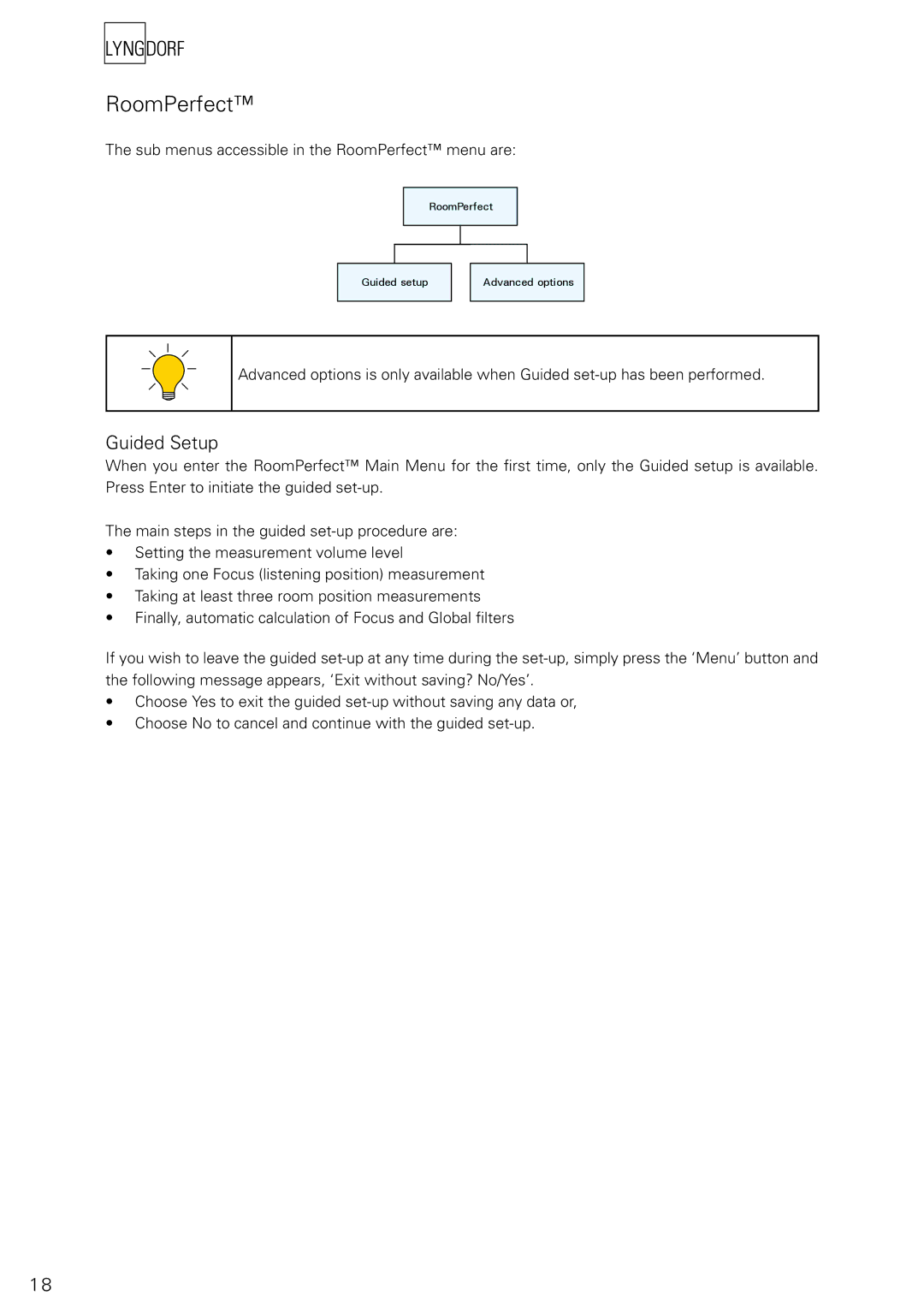 Lyngdorf Audio RP-1 owner manual RoomPerfect, Guided Setup 