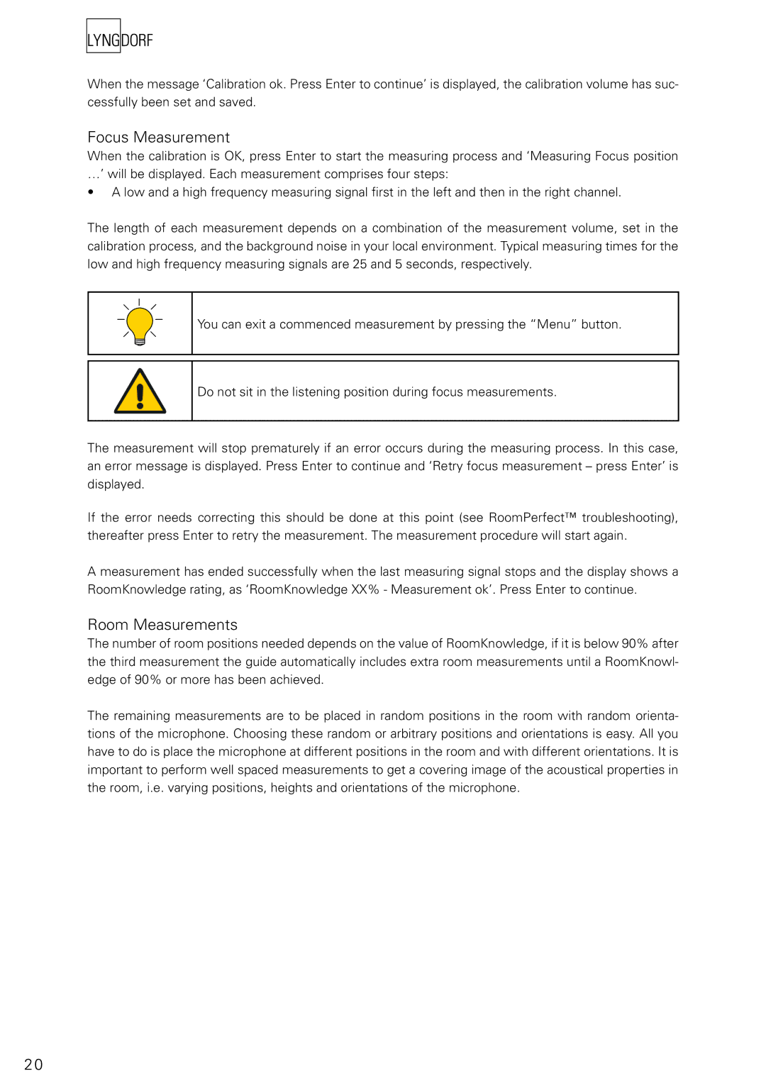 Lyngdorf Audio RP-1 owner manual Focus Measurement, Room Measurements 