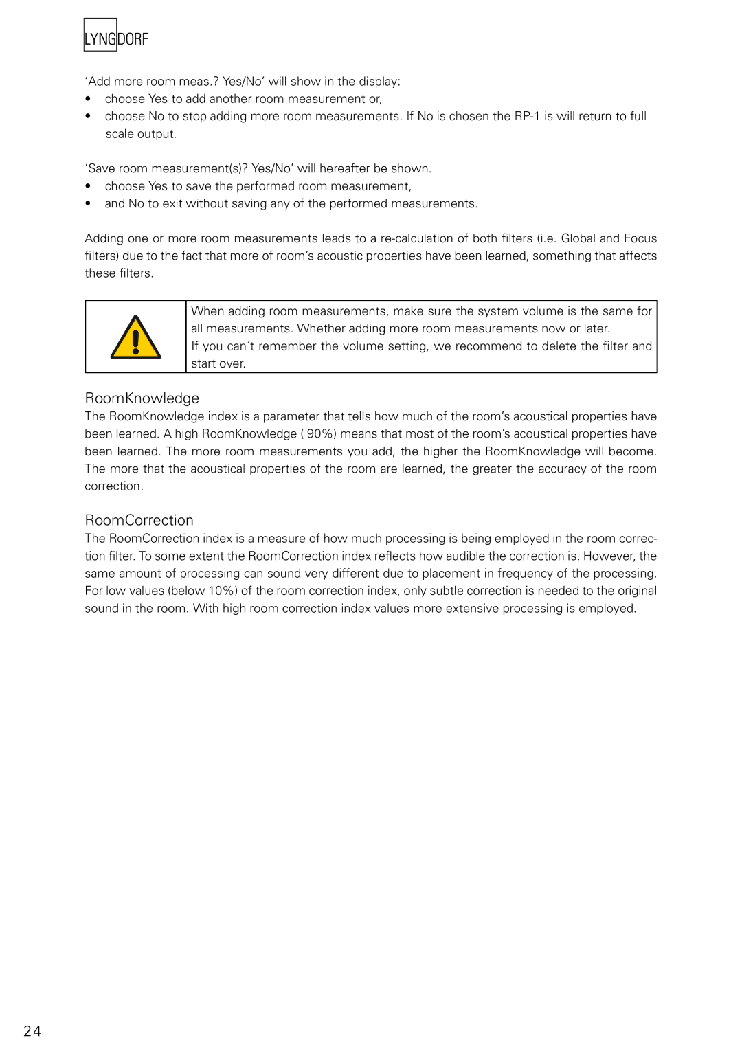 Lyngdorf Audio RP-1 owner manual RoomKnowledge, RoomCorrection 