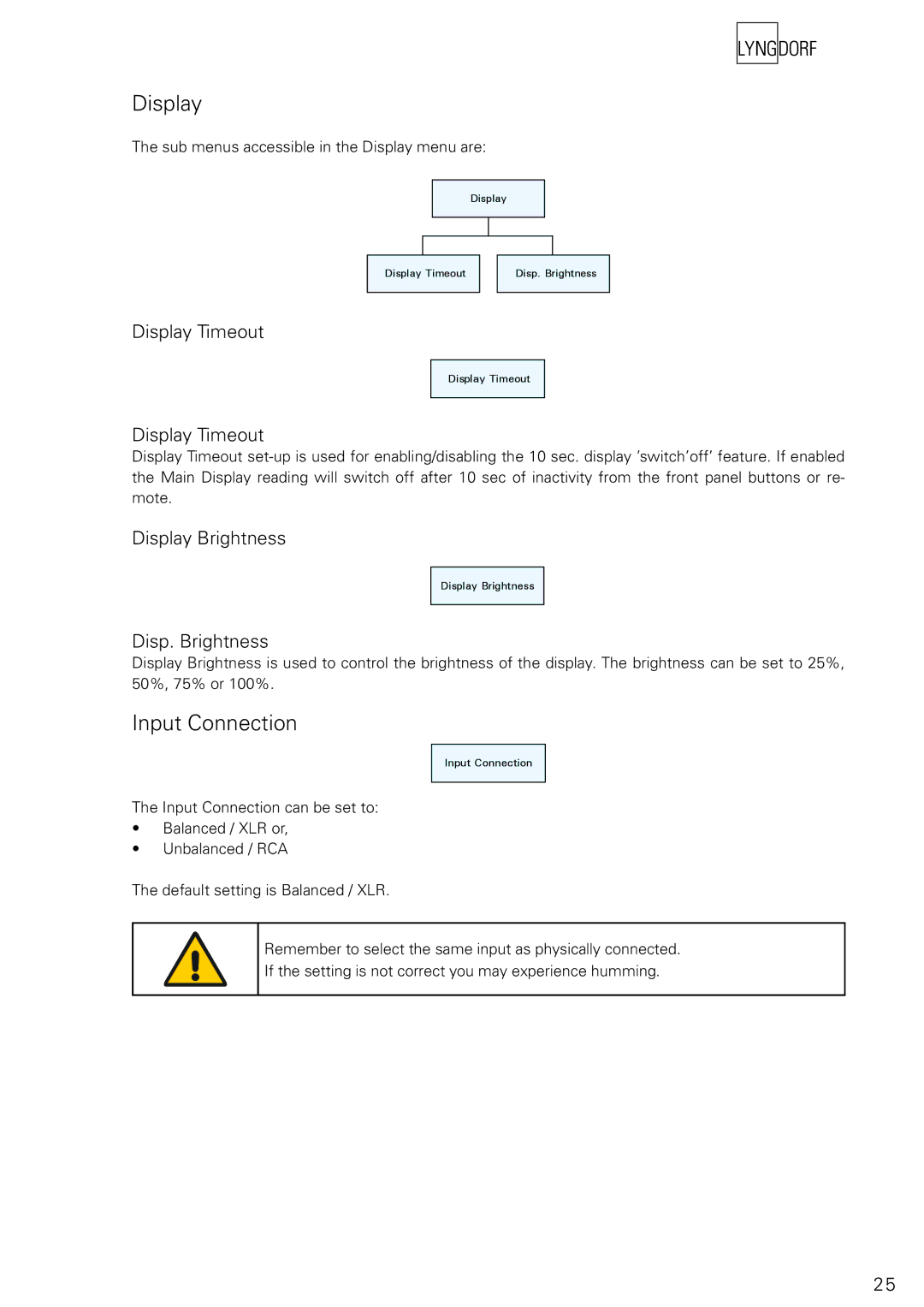 Lyngdorf Audio RP-1 owner manual Input Connection, Display Timeout, Display Brightness, Disp. Brightness 