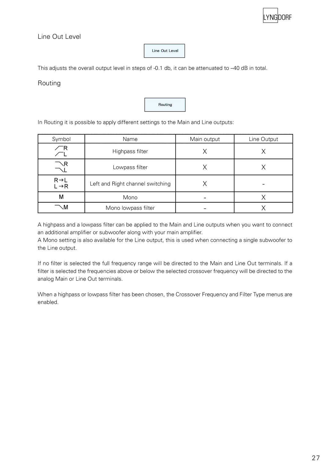 Lyngdorf Audio RP-1 owner manual Line Out Level, Routing 