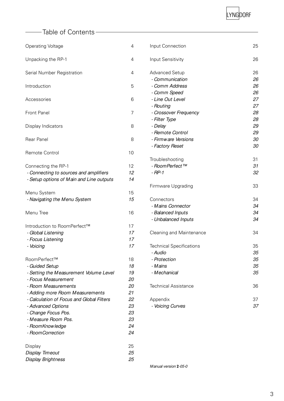 Lyngdorf Audio RP-1 owner manual Table of Contents 