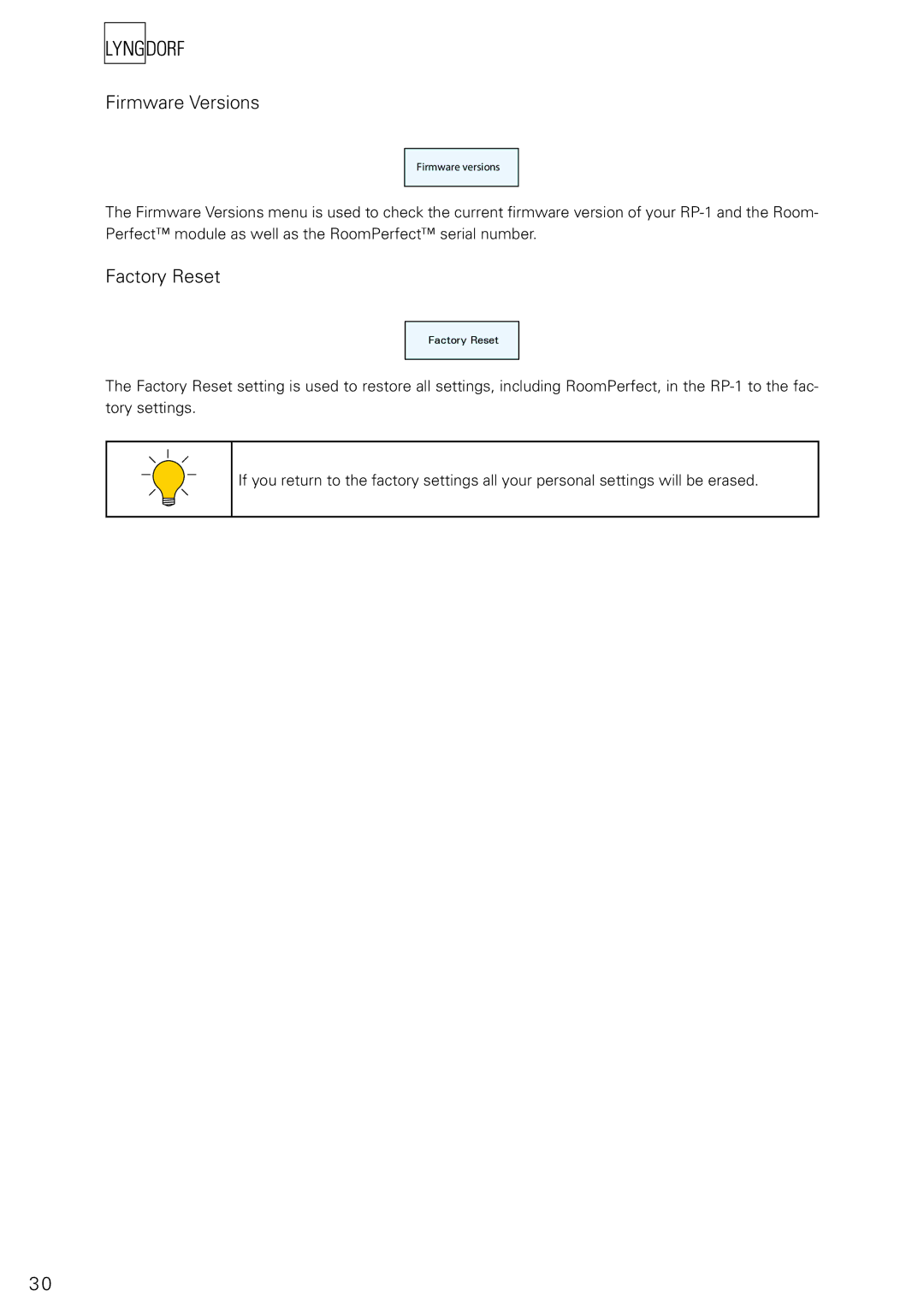 Lyngdorf Audio RP-1 owner manual Firmware Versions, Factory Reset 