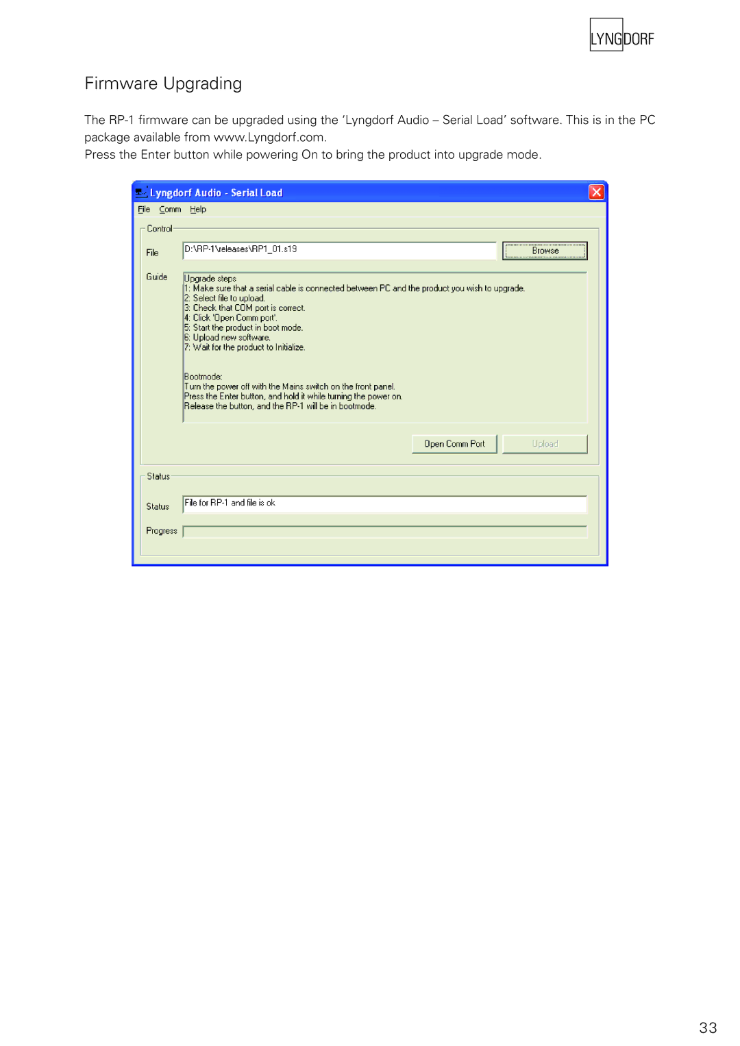 Lyngdorf Audio RP-1 owner manual Firmware Upgrading 