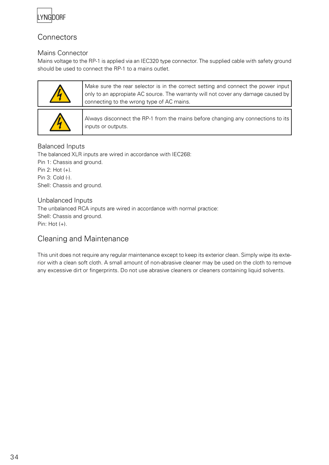 Lyngdorf Audio RP-1 owner manual Connectors, Cleaning and Maintenance, Mains Connector, Balanced Inputs, Unbalanced Inputs 