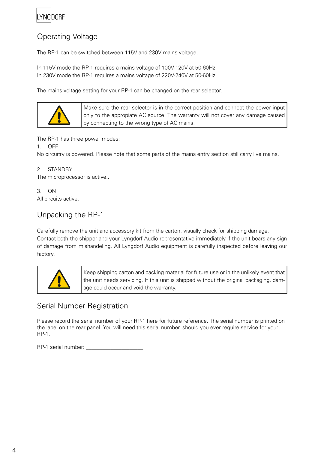 Lyngdorf Audio owner manual Operating Voltage, Unpacking the RP-1, Serial Number Registration 