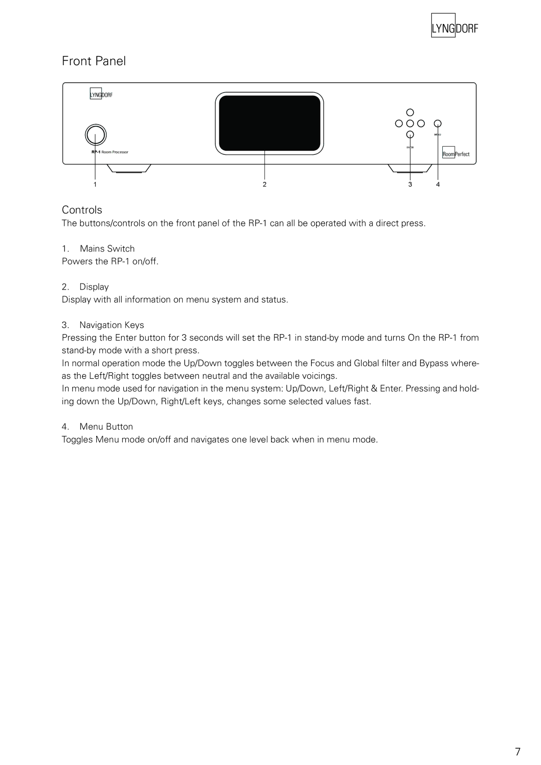 Lyngdorf Audio RP-1 owner manual Front Panel, Controls 