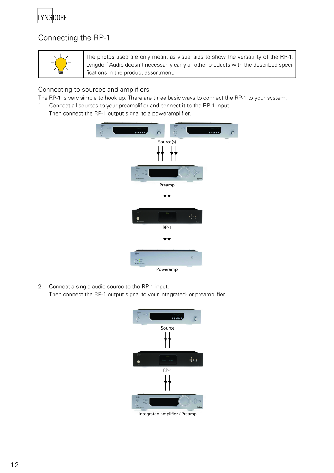 Lyngdorf Audio owner manual Connecting the RP-1, Connecting to sources and ampliﬁers 