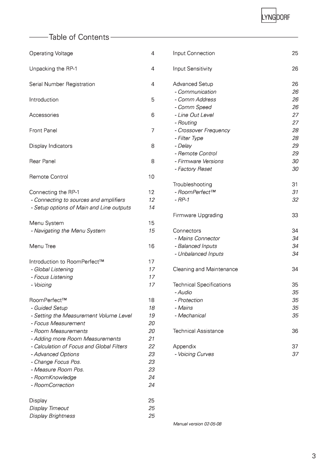Lyngdorf Audio RP-1 owner manual Table of Contents 