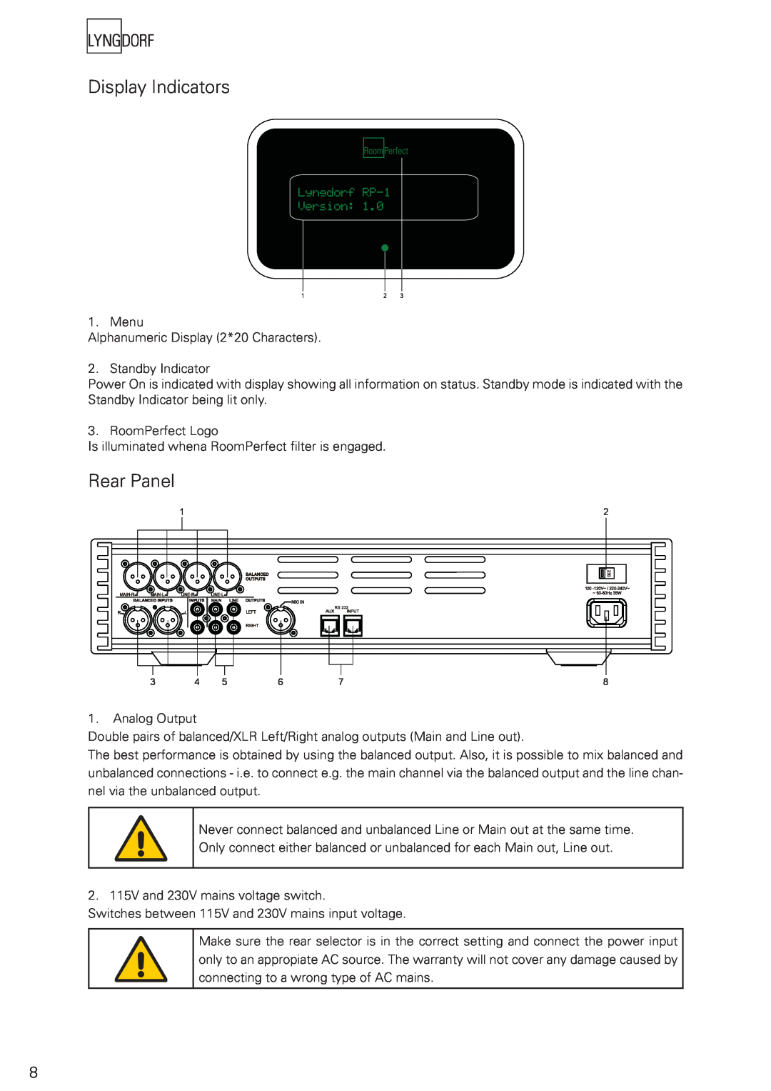 Lyngdorf Audio RP-1 owner manual Display Indicators, Rear Panel 