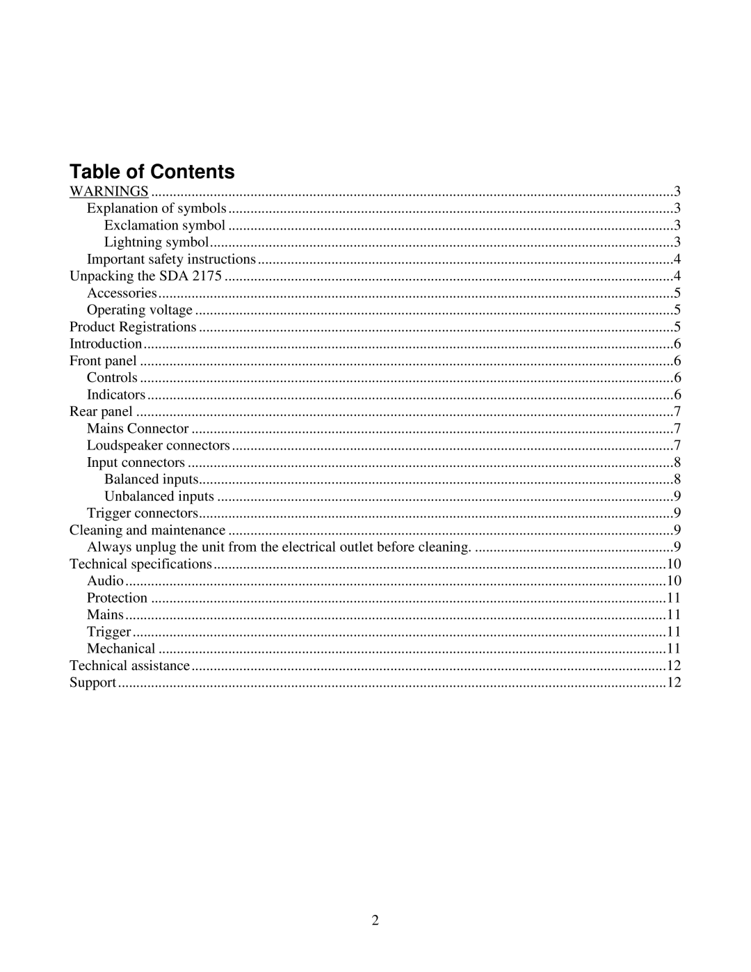 Lyngdorf Audio SDA 2175 owner manual Table of Contents 