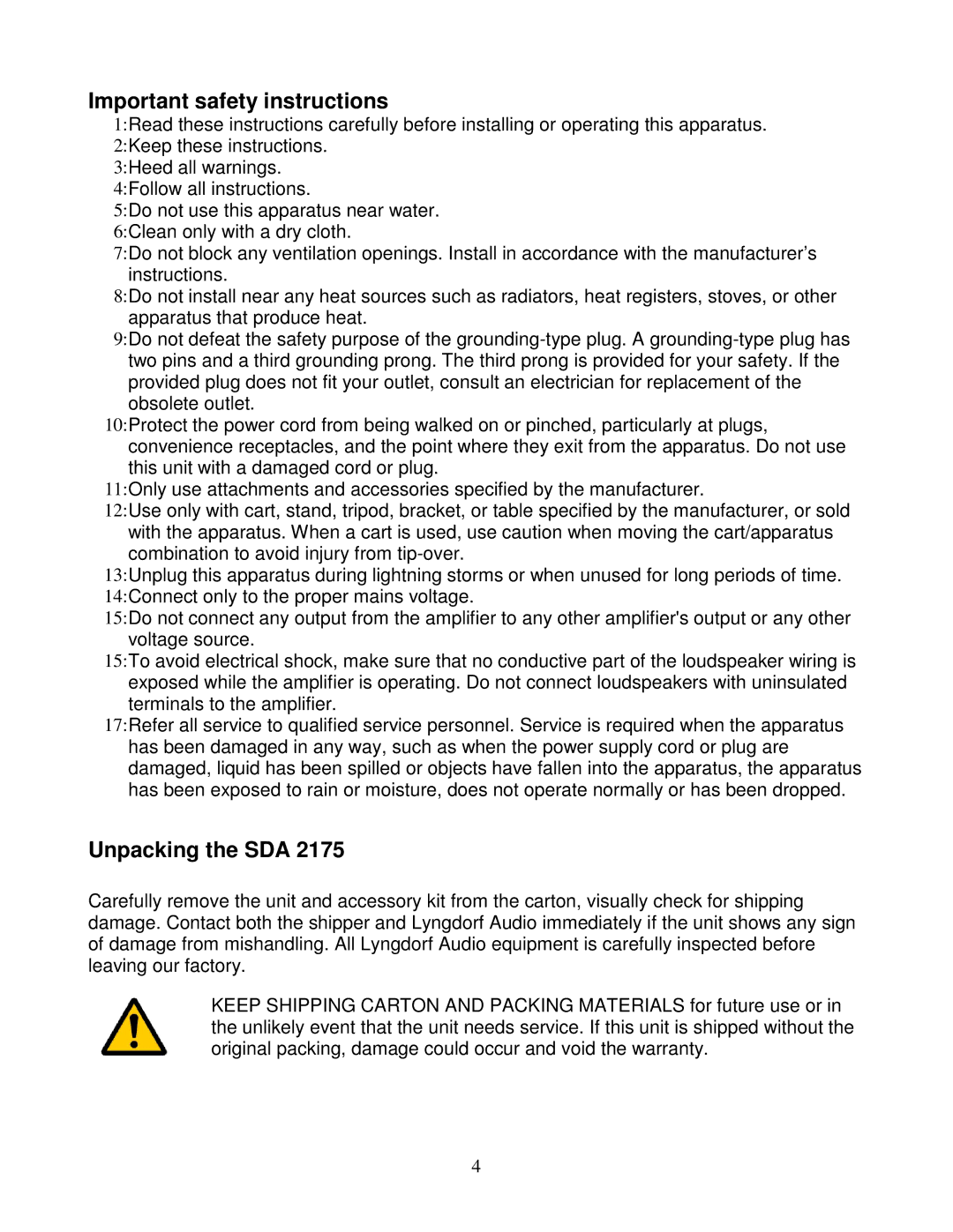 Lyngdorf Audio SDA 2175 owner manual Important safety instructions, Unpacking the SDA 