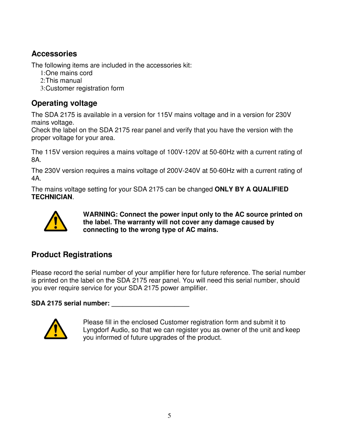 Lyngdorf Audio SDA 2175 owner manual Accessories, Operating voltage, Product Registrations 