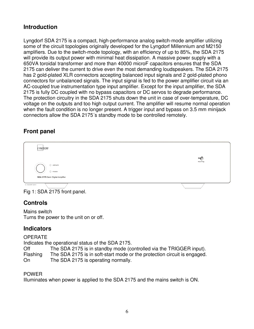 Lyngdorf Audio SDA 2175 owner manual Introduction, Front panel, Controls, Indicators 