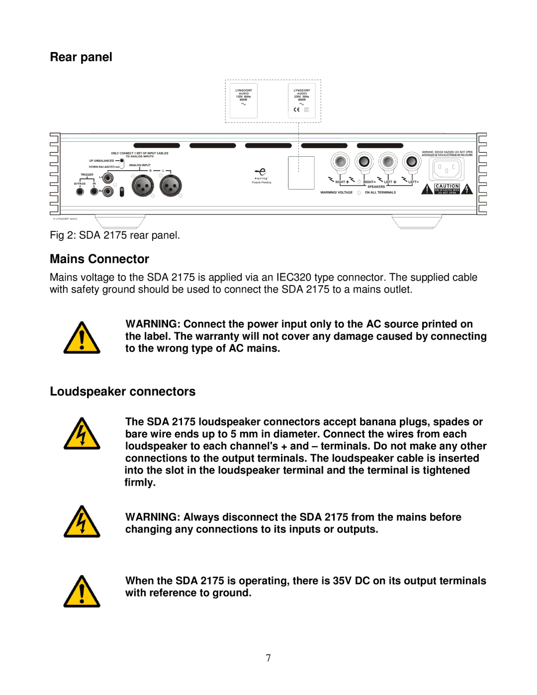 Lyngdorf Audio SDA 2175 owner manual Rear panel, Mains Connector, Loudspeaker connectors 