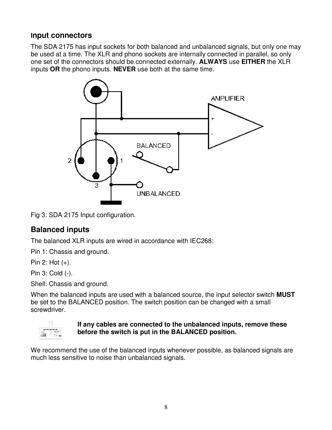 Lyngdorf Audio SDA 2175 owner manual Input connectors, Balanced inputs 