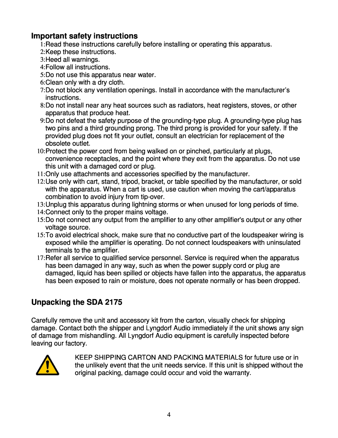 Lyngdorf Audio SDA 2175 owner manual Important safety instructions, Unpacking the SDA 