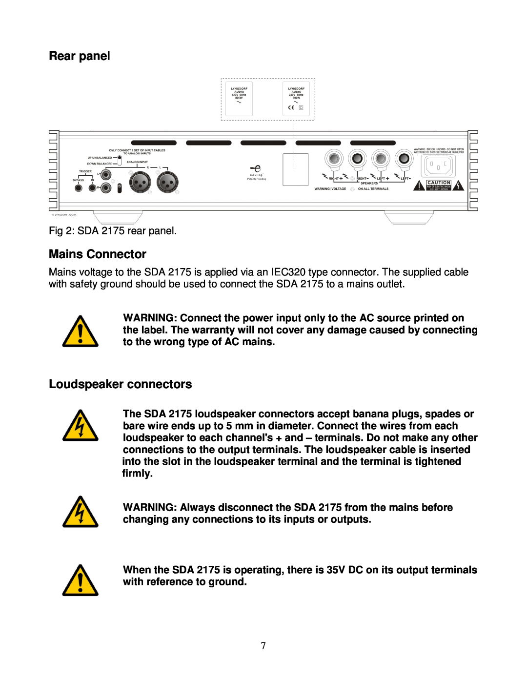 Lyngdorf Audio owner manual Rear panel, Mains Connector, Loudspeaker connectors, SDA 2175 rear panel 